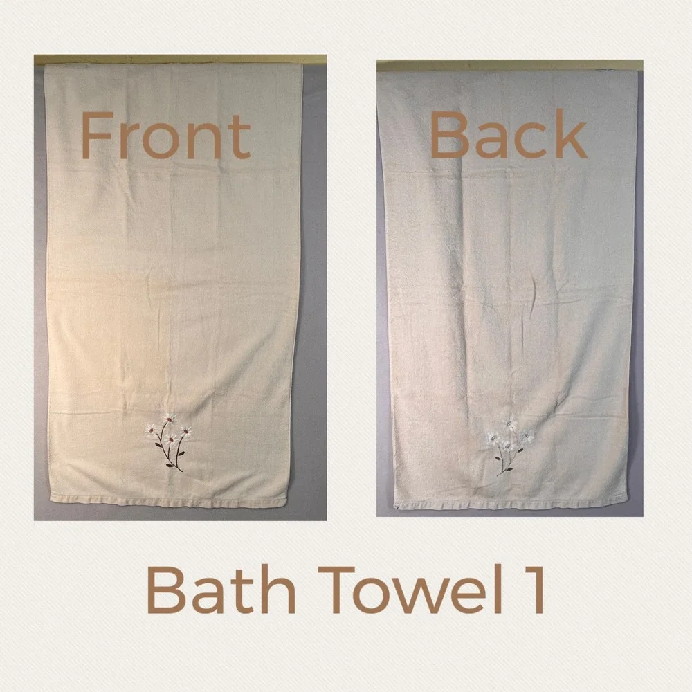 Vintage‎ Ames Cream Brown Embroidered Floral Daisy Bath Towel Set Farmhouse